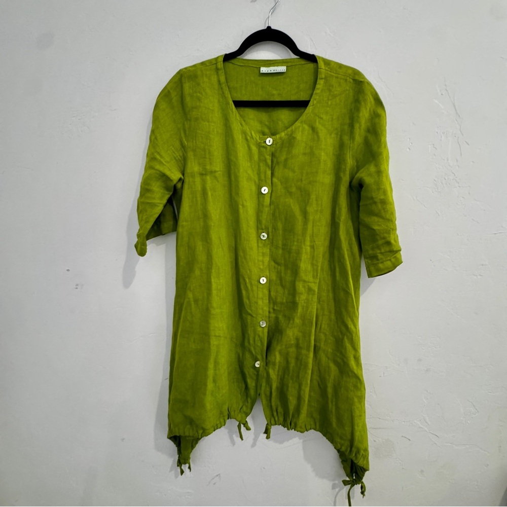 Bryn Walker Women’s Green Buttoned Tunic Top Asymmetrical Hem Linen